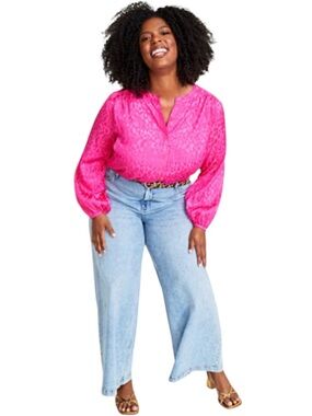 On 34th Hot Pink Animal-Silky Jacquard Button-Down Blouse w/Blouson Sleeves 1X